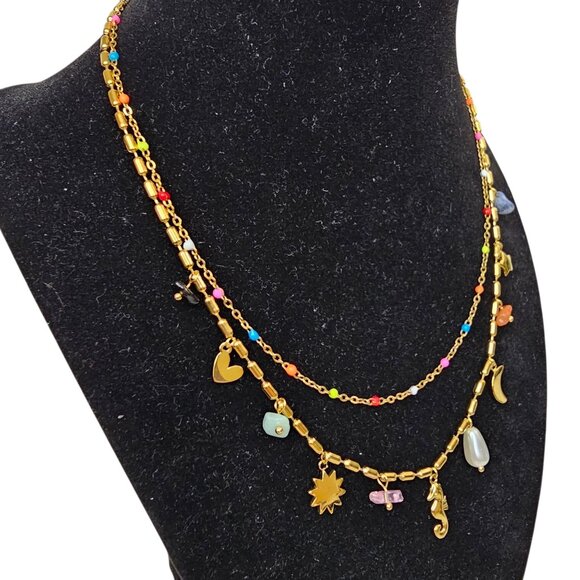 Coastal Charm Layered Necklace‎ 18K Gold Plated Stainless Steel Colorful Charms - Picture 3 of 5